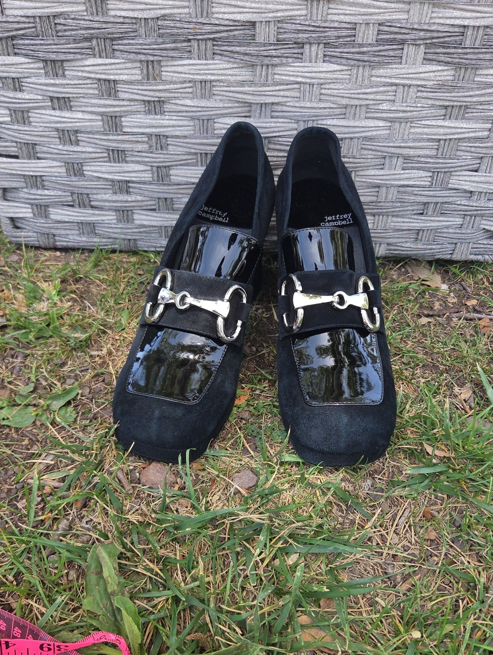 Jeffrey Campbell Black Suede & Patent Leather Block Heel Loafers